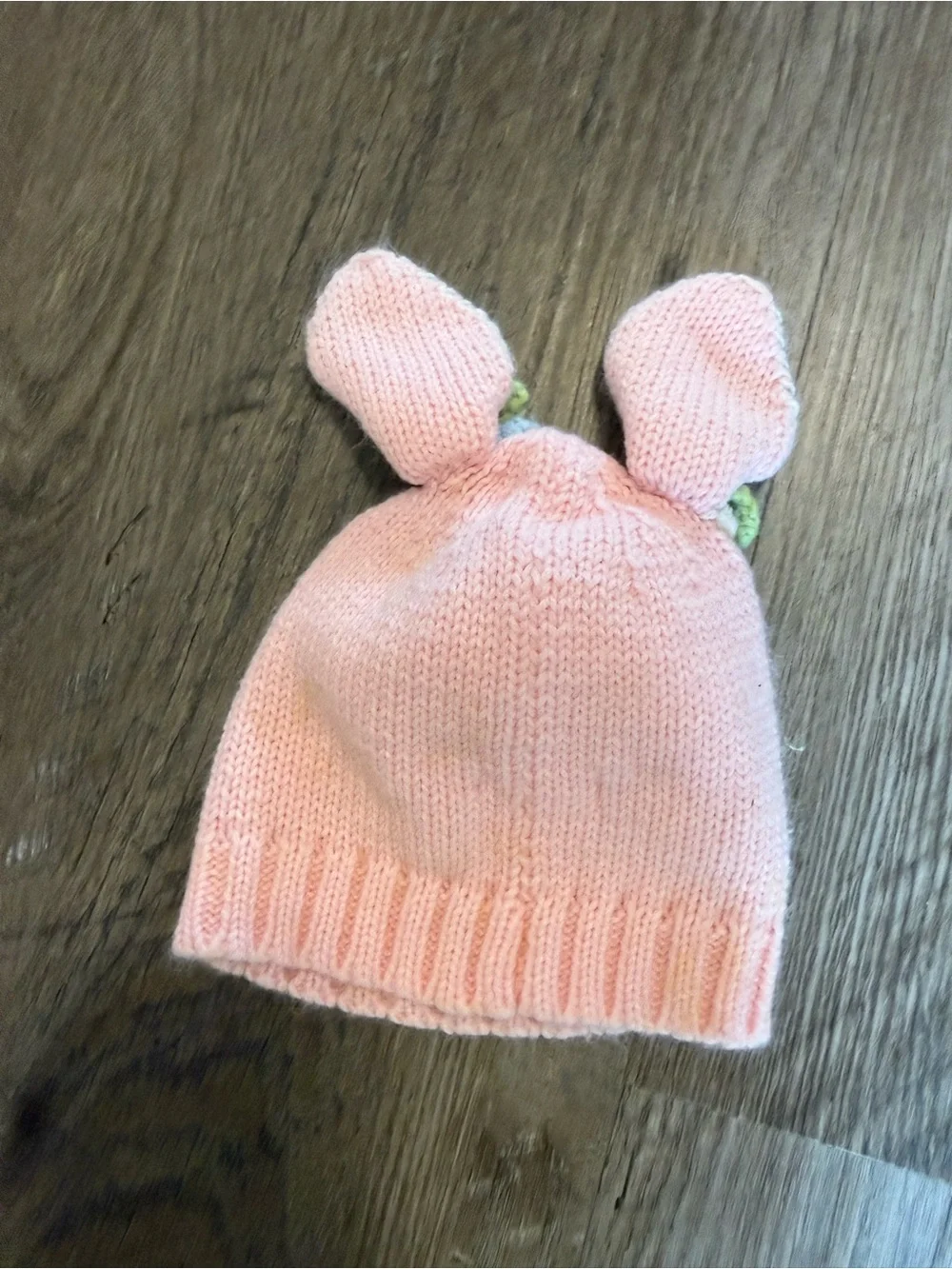 Baby Pink Bunny Ear Knit Beanie Hat with Floral Appliqué